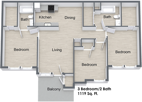 Floor plan for 3 beds, 2 baths, 1130 sqft